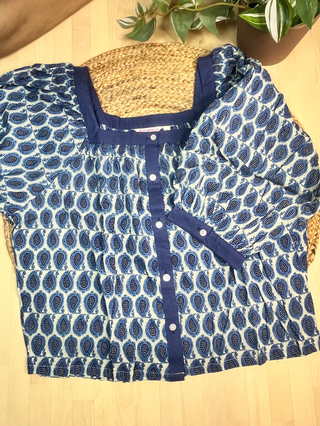 Blue Paisley Button Short top