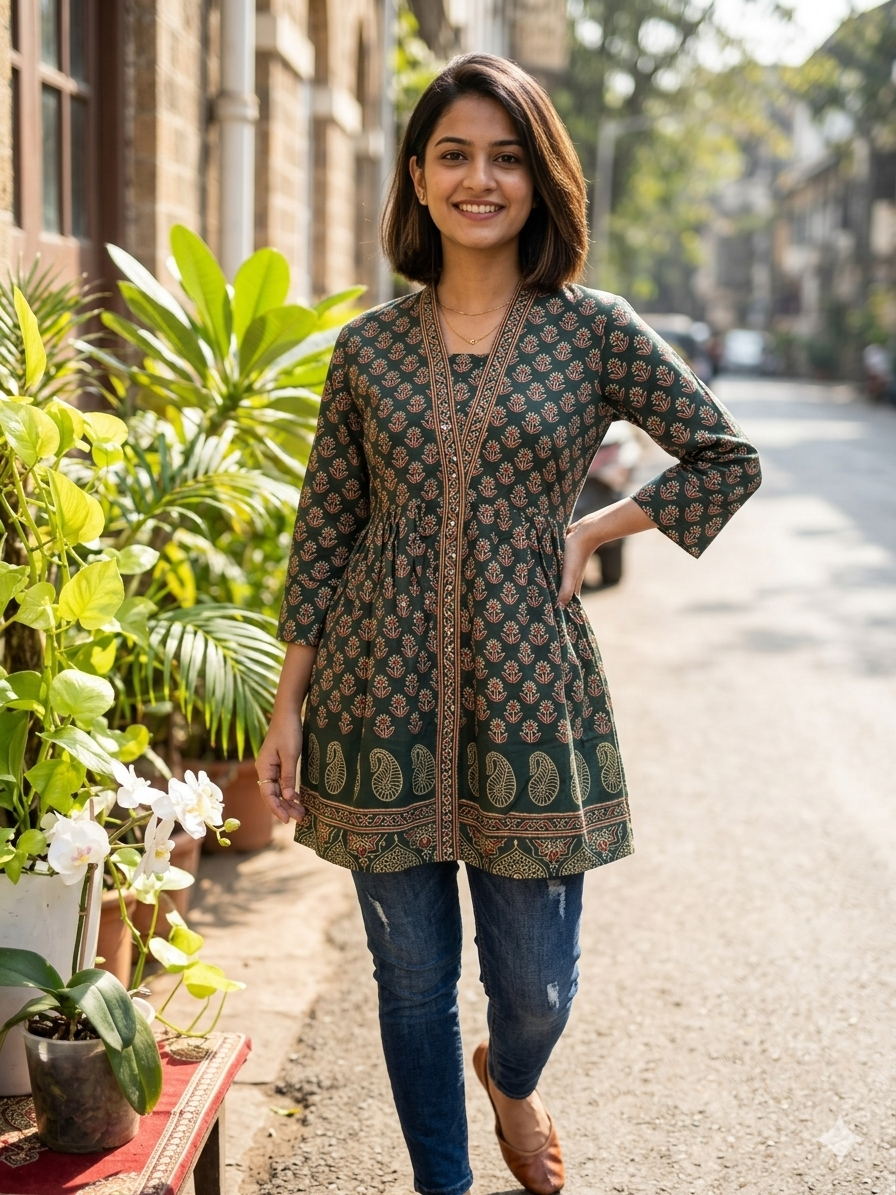 Emerald Paisley Hand Block Cotton Short Kurti