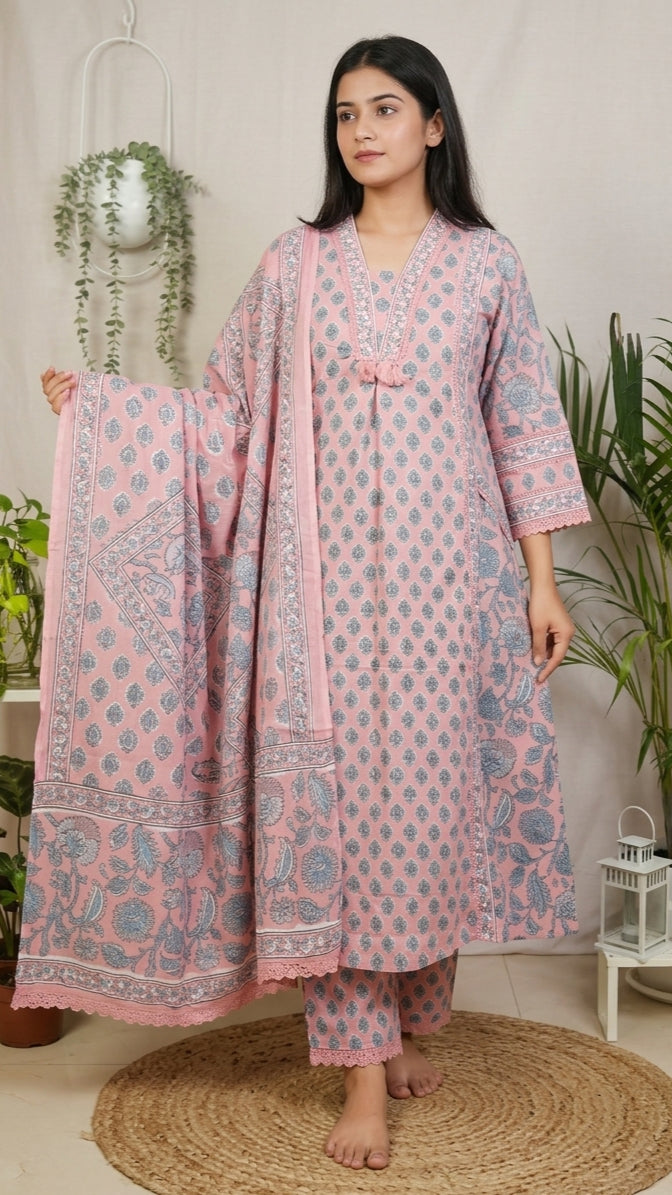 Tanvi Peach Blue Cotton 3 Pcs Suit Set