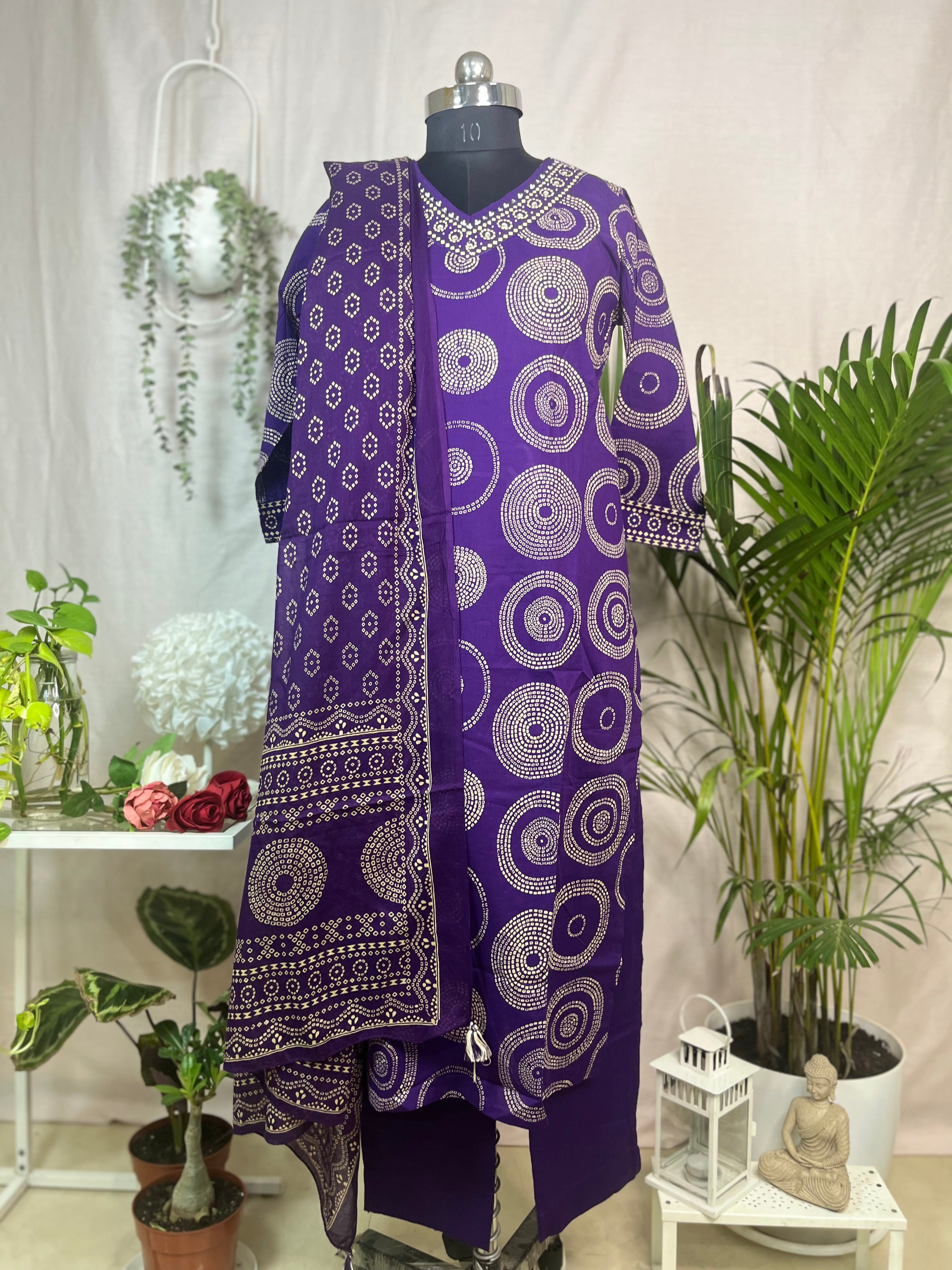 Jheel Purple Circle Cotton 3 Pcs Suit Set