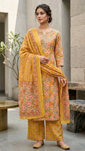 Yashvi Mustard Floral Cotton 3 Pcs Suit Set