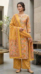 Yashvi Mustard Floral Cotton 3 Pcs Suit Set