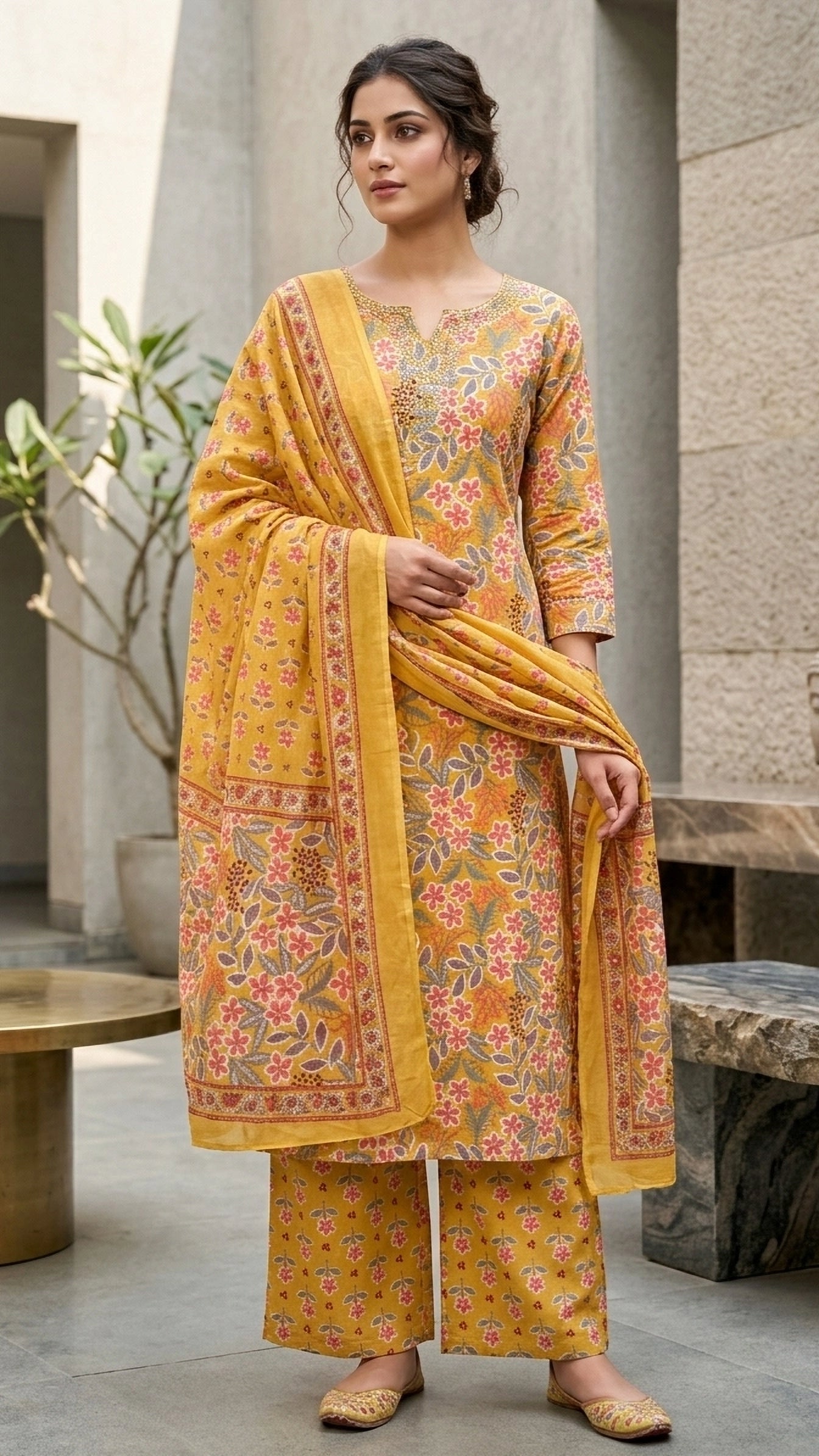 Yashvi Mustard Floral Cotton 3 Pcs Suit Set