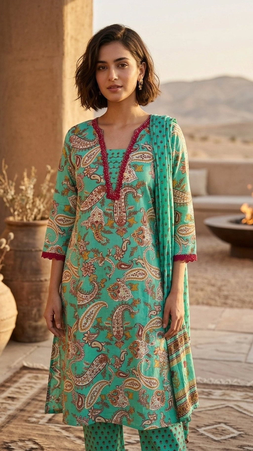 Aarvi Aqua Paisley Cotton 3 Pcs Suit Set