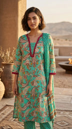 Aarvi Aqua Paisley Cotton 3 Pcs Suit Set
