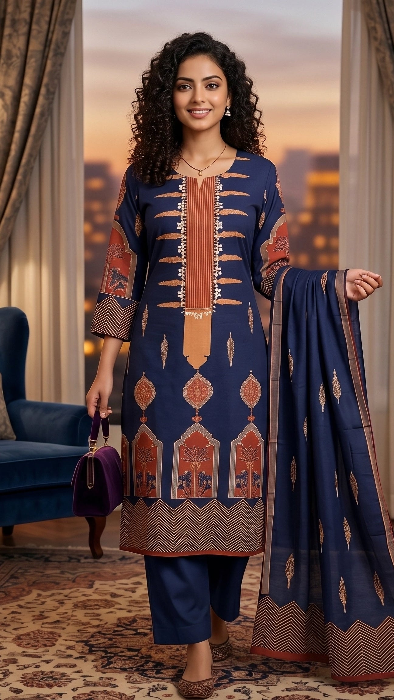 Nisha Navy Rust Cotton 3 Pcs Suit Set