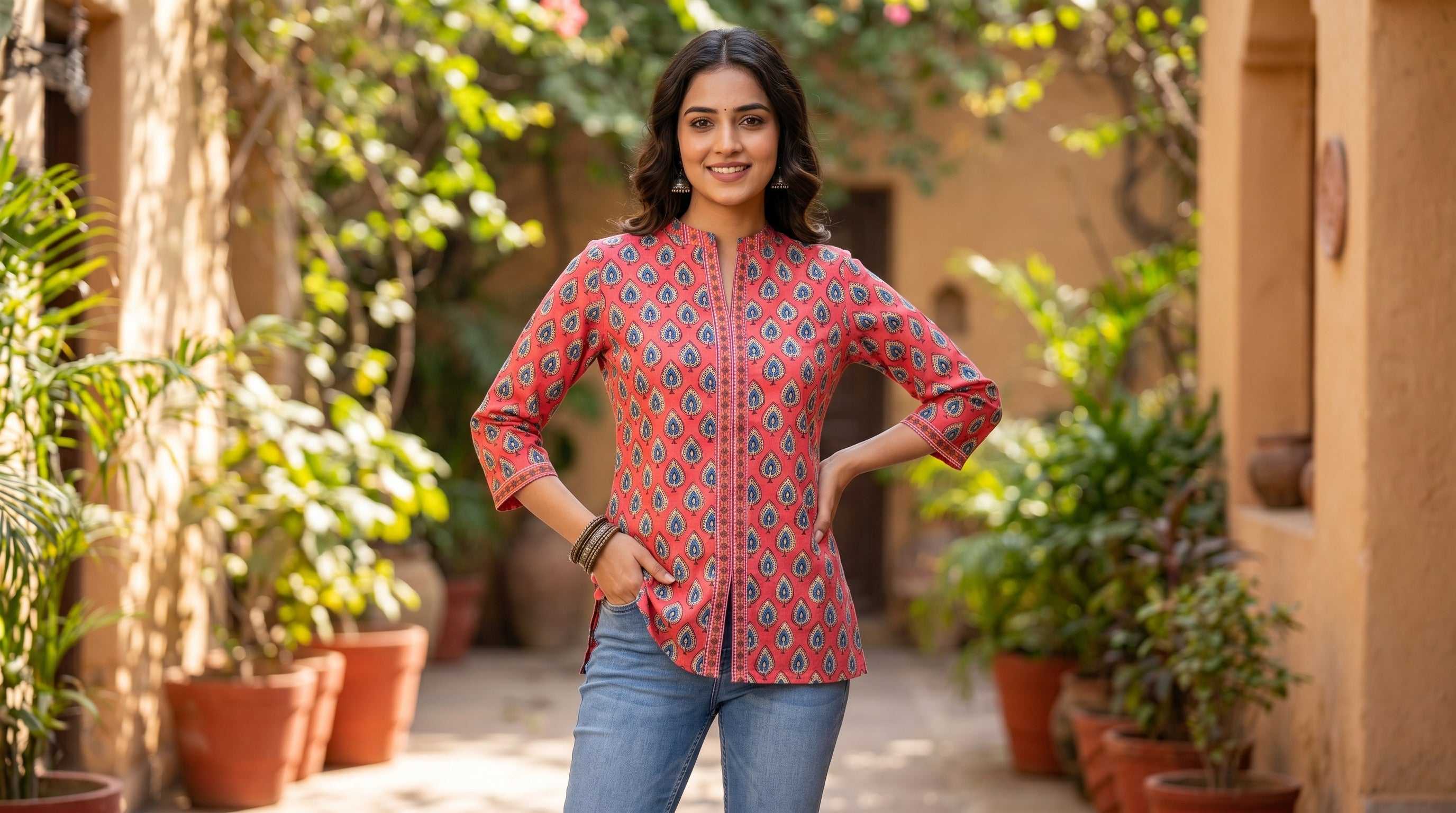 Coral Morpankh Hand Block Cotton Short Kurti