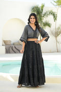 Charcoal Short Cropped Top Paired with Flared Long Black Skirt