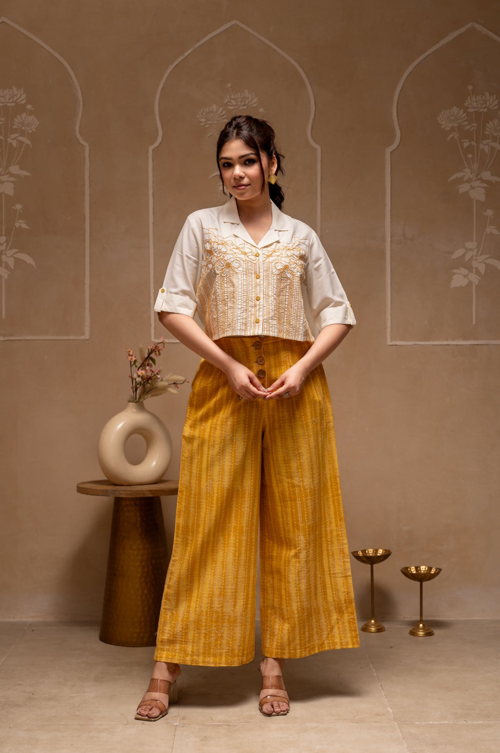 White-Mustard Yellow Cropped top Paired With Loose Fit Flared Pants