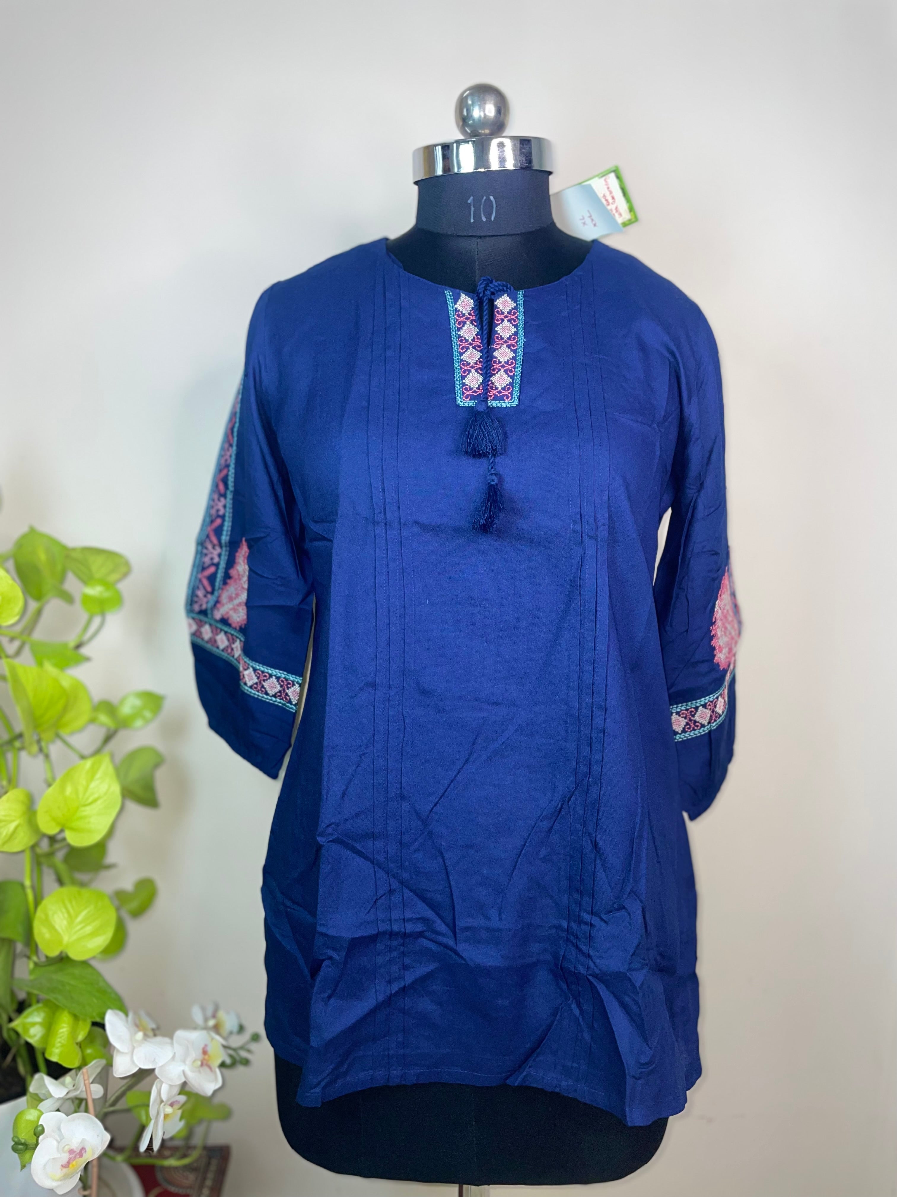 Royal Blue Tassel Cotton Short Kurti