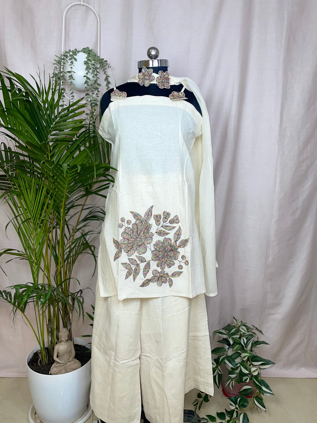 Vritti Ivory Floral 3-Piece Spagetti Palazzo Set