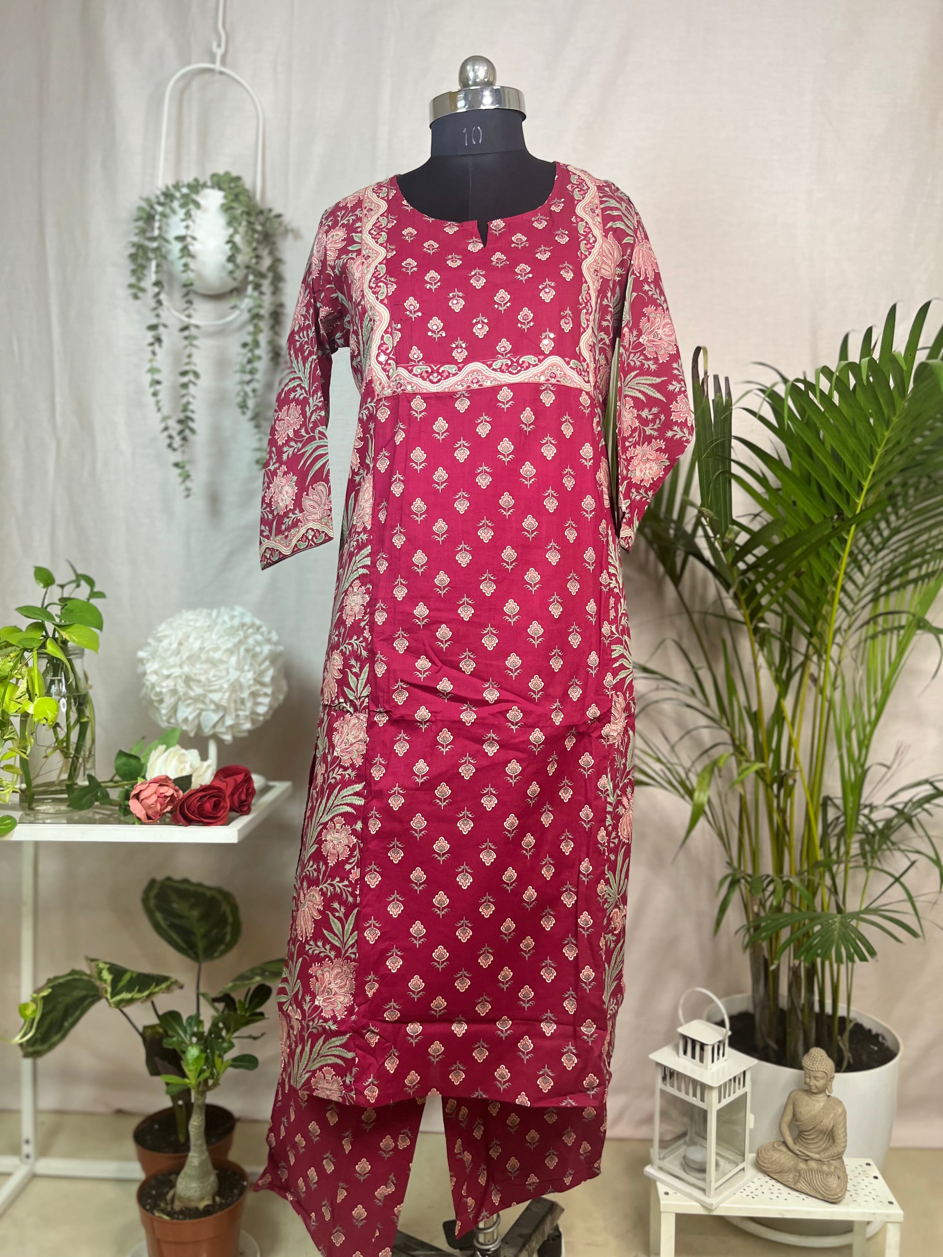 Charvi Maroon Bloom Cotton 3 Pcs Suit Set