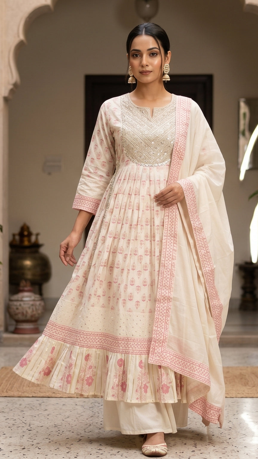 Mihika Ivory Rose Cotton 3 Pcs Suit Set