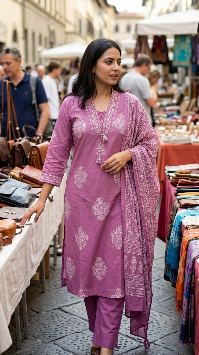 Vritti Mauve Pink Cotton 3 Pcs Suit Set