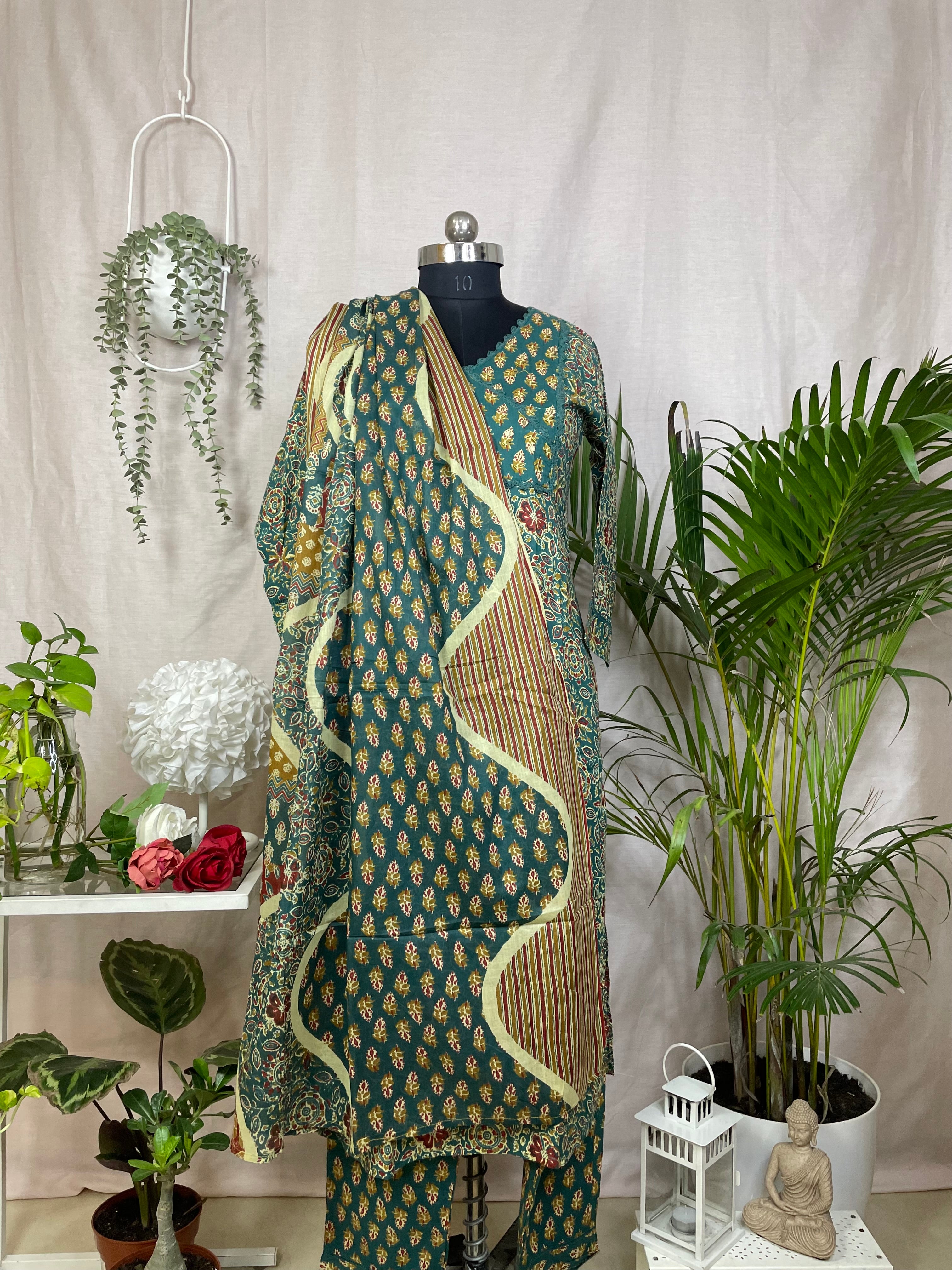 Navya Teal Green Cotton 3 Pcs Suit Set