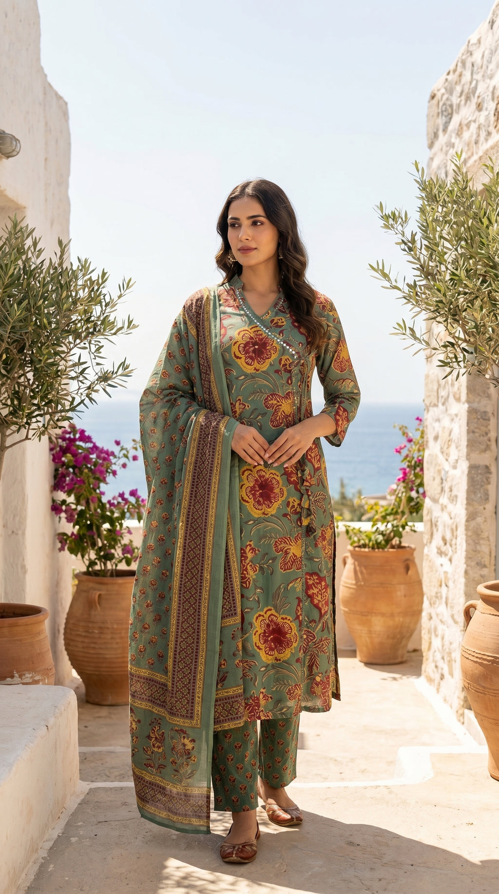 Vrinda Sage Green Cotton 3 Pcs Suit Set