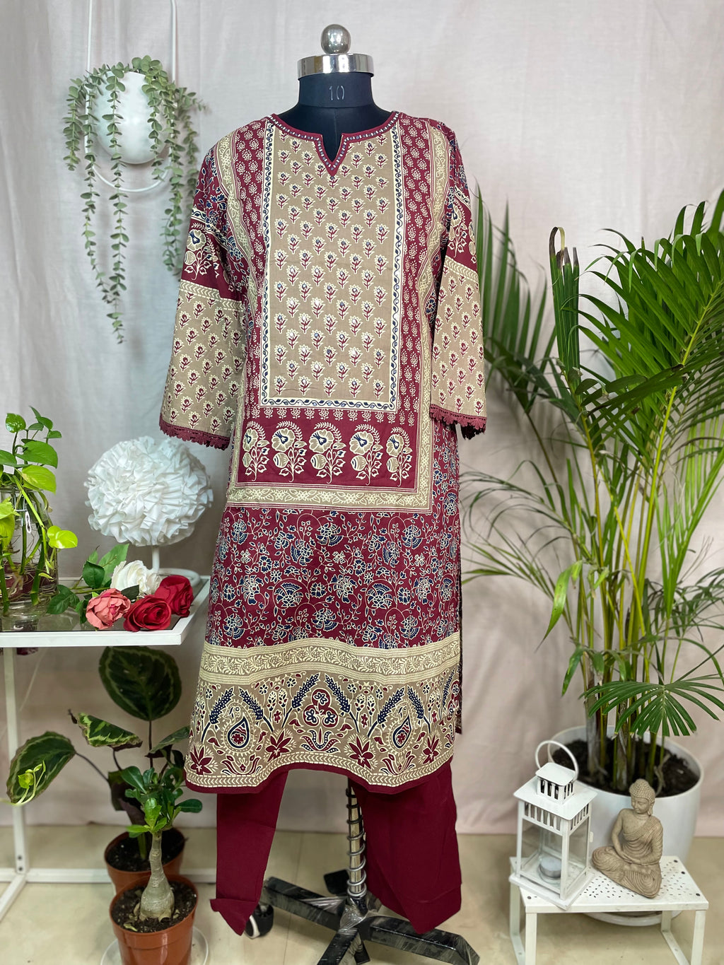 Nirali Maroon Beige 3 Pcs Cotton Suit Set