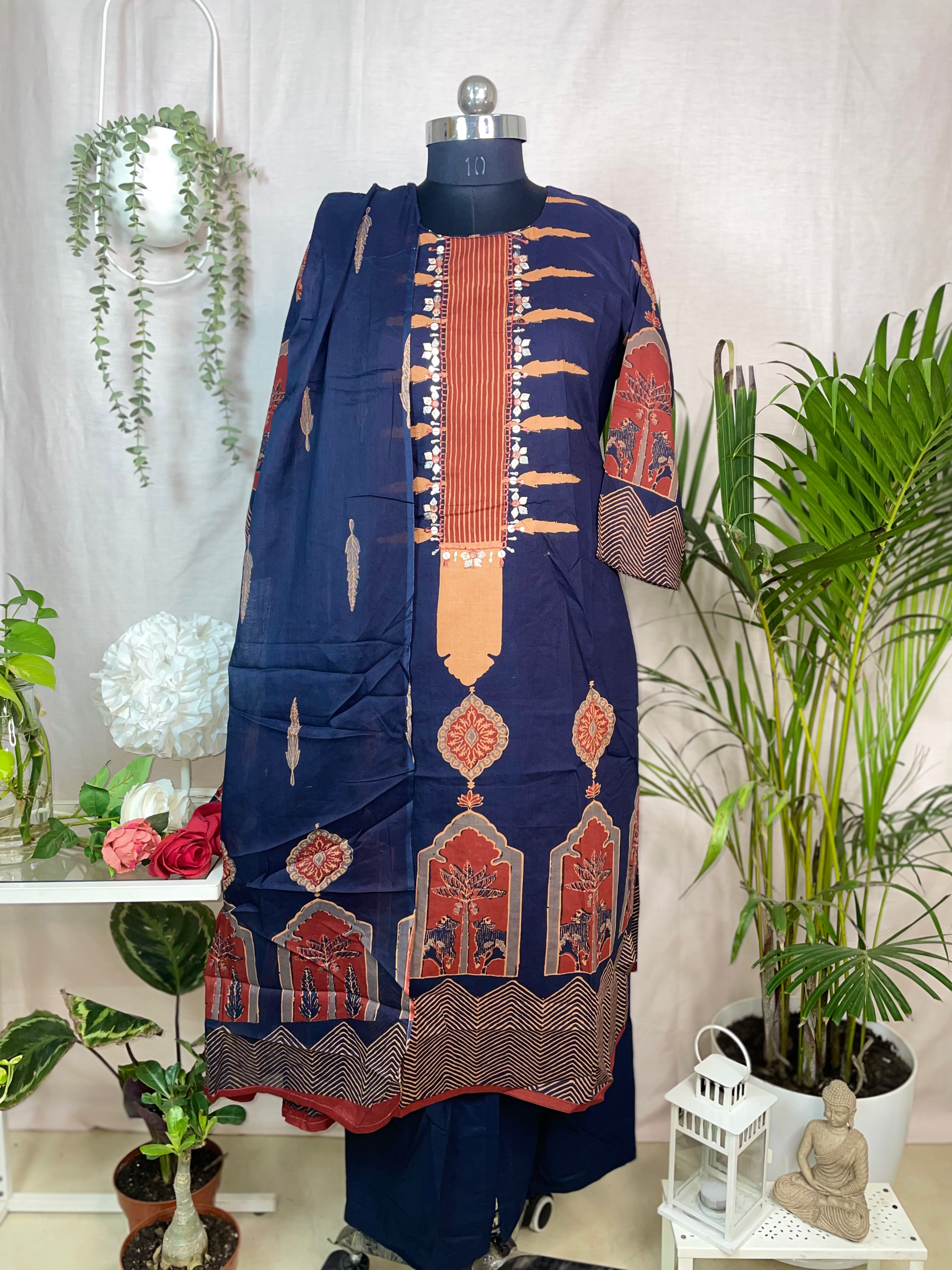 Nisha Navy Rust Cotton 3 Pcs Suit Set