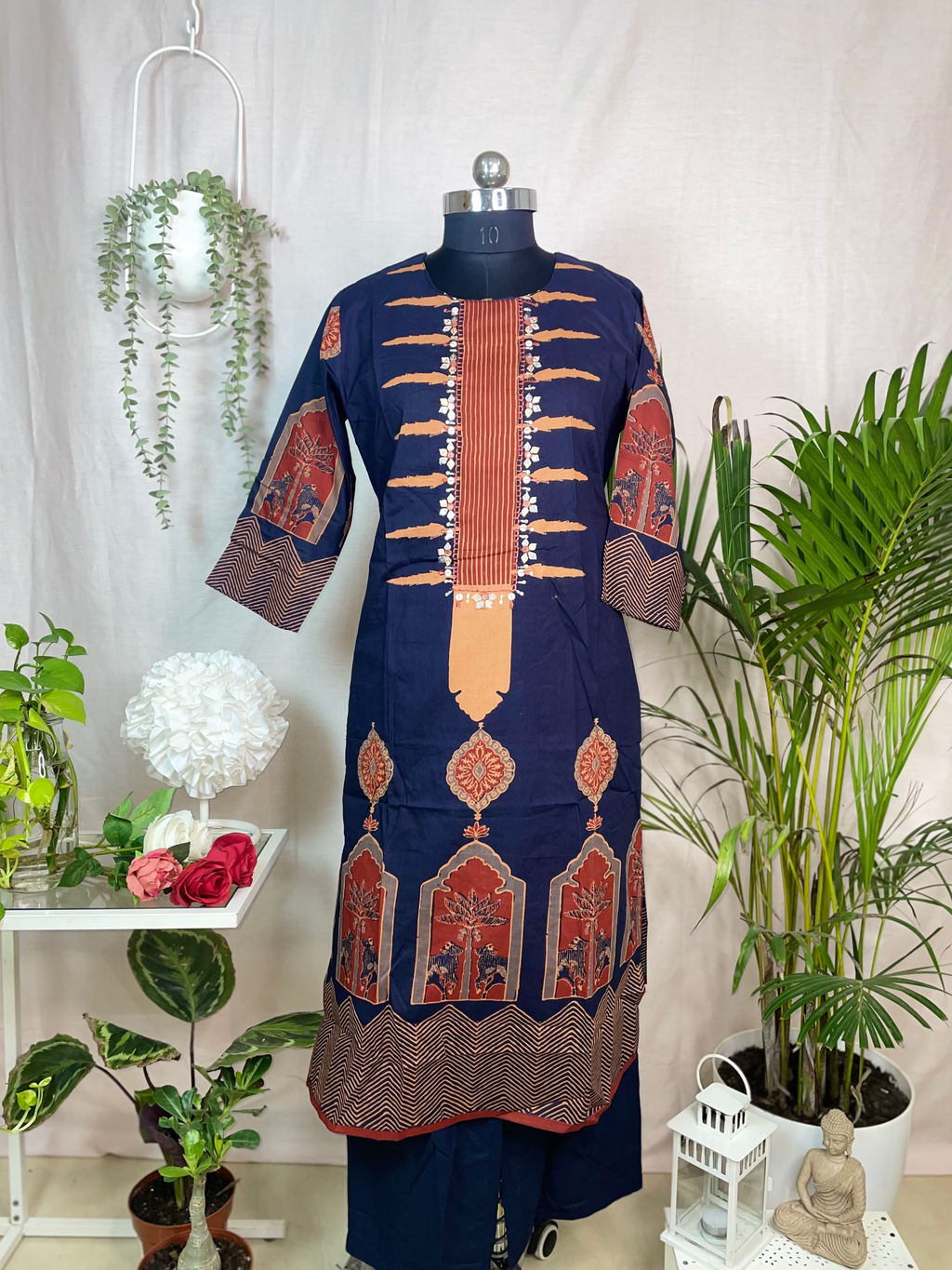 Nisha Navy Rust Cotton 3 Pcs Suit Set