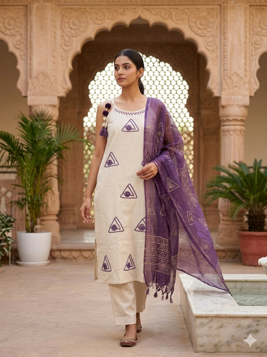 Urvi Ivory & Plum 3-Piece Spaghetti  Set