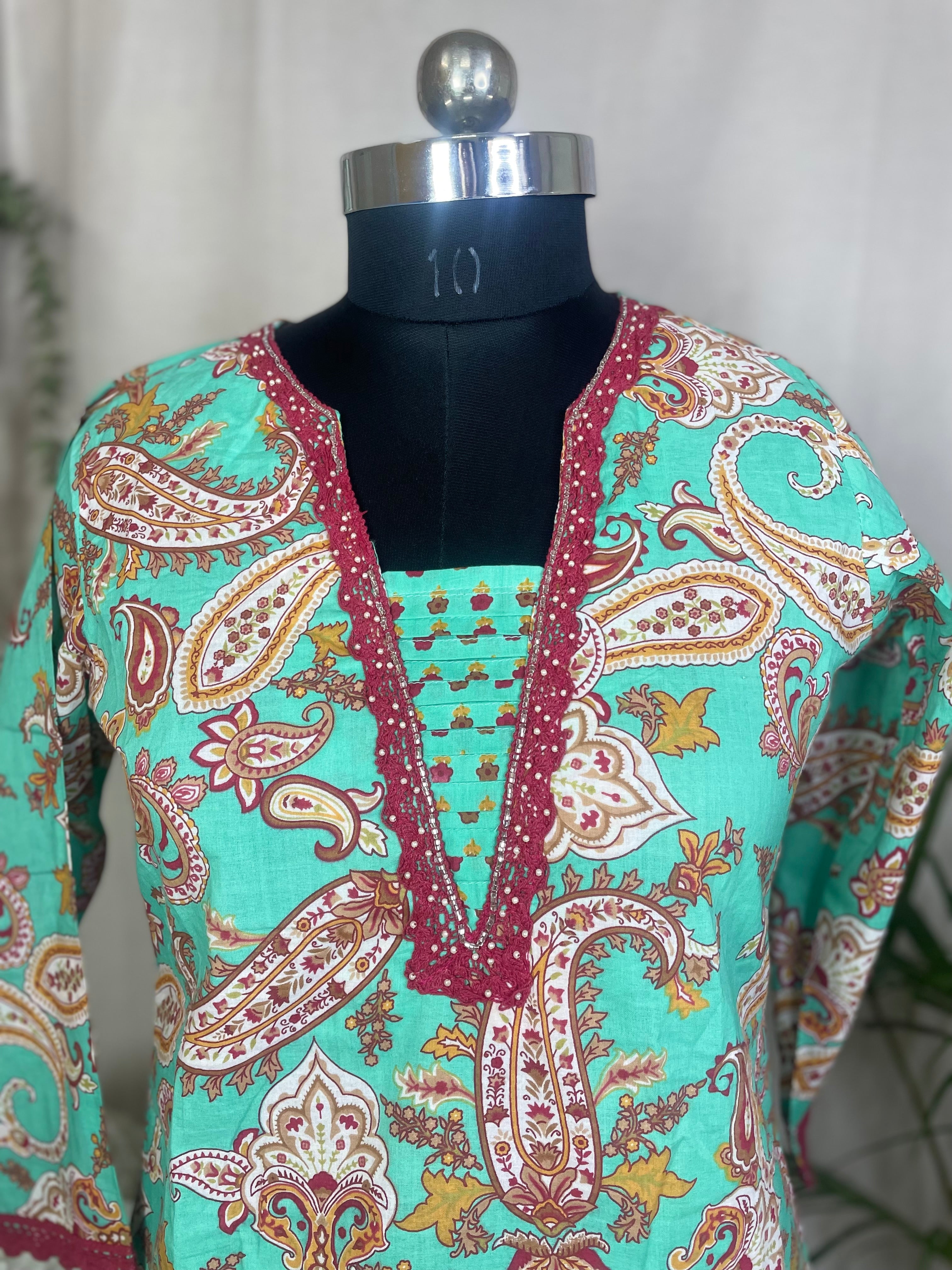 Aarvi Aqua Paisley Cotton 3 Pcs Suit Set
