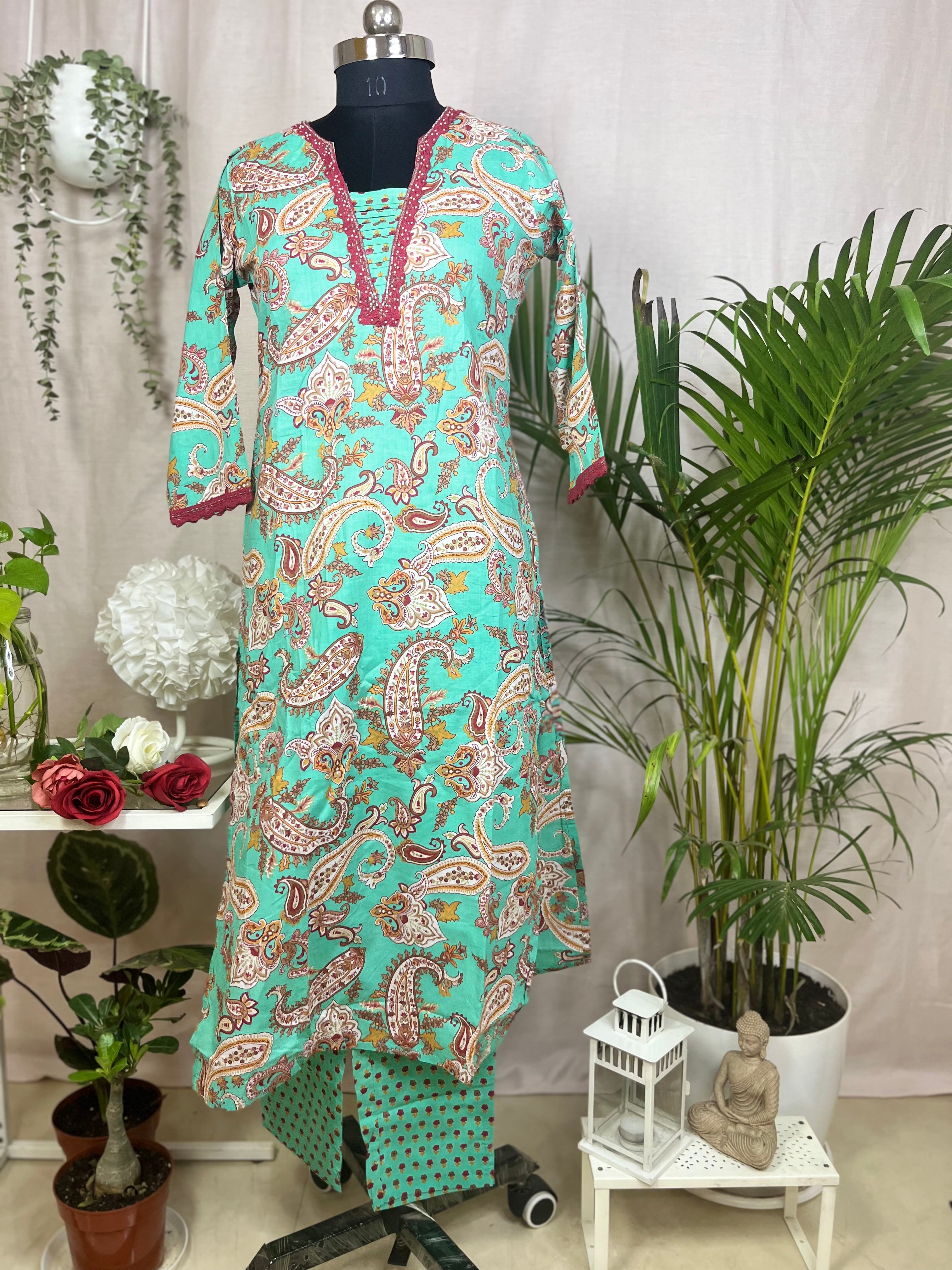 Aarvi Aqua Paisley Cotton 3 Pcs Suit Set