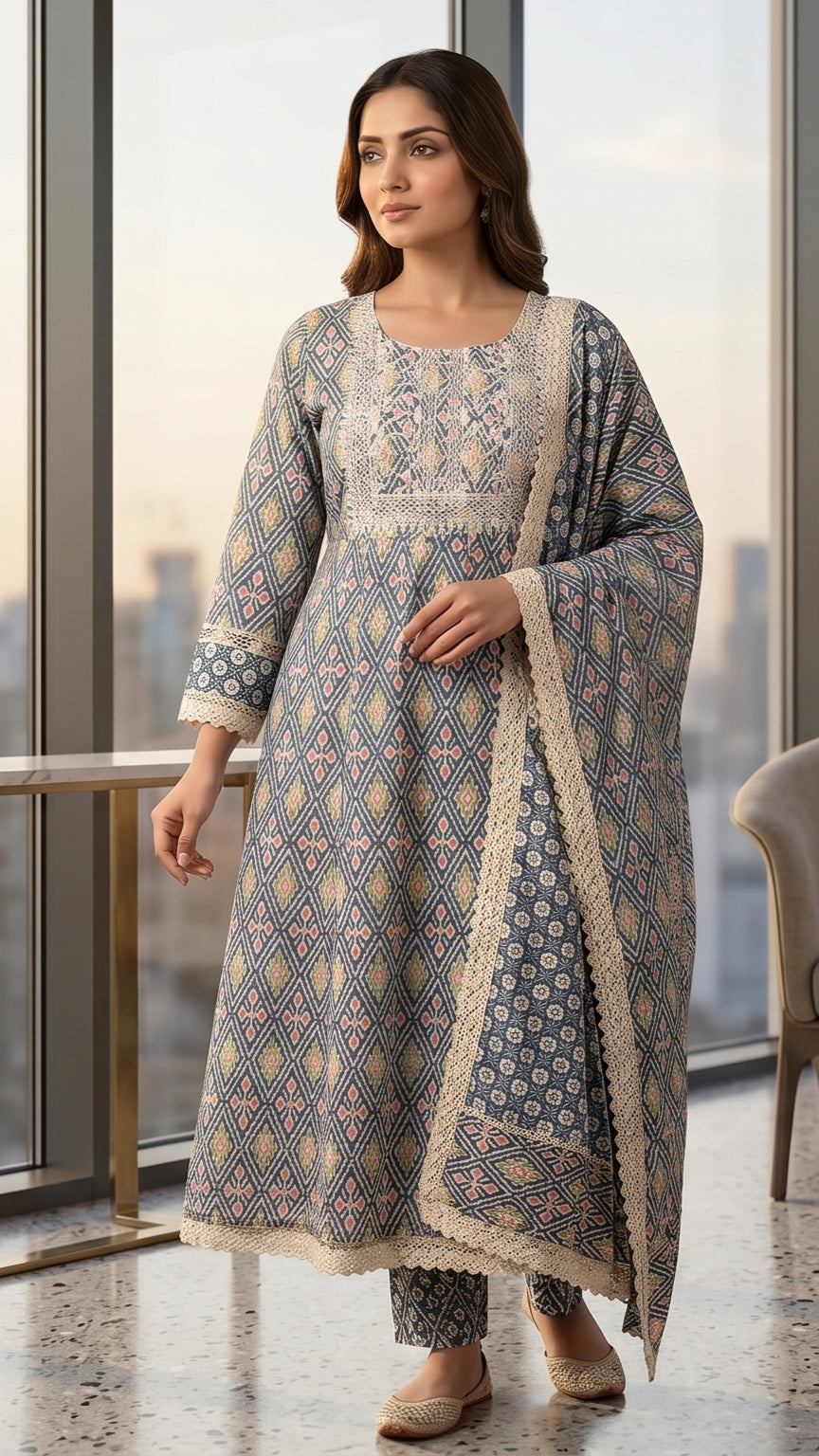 Vihana Indigo Ikat 3 Pcs Suit Set