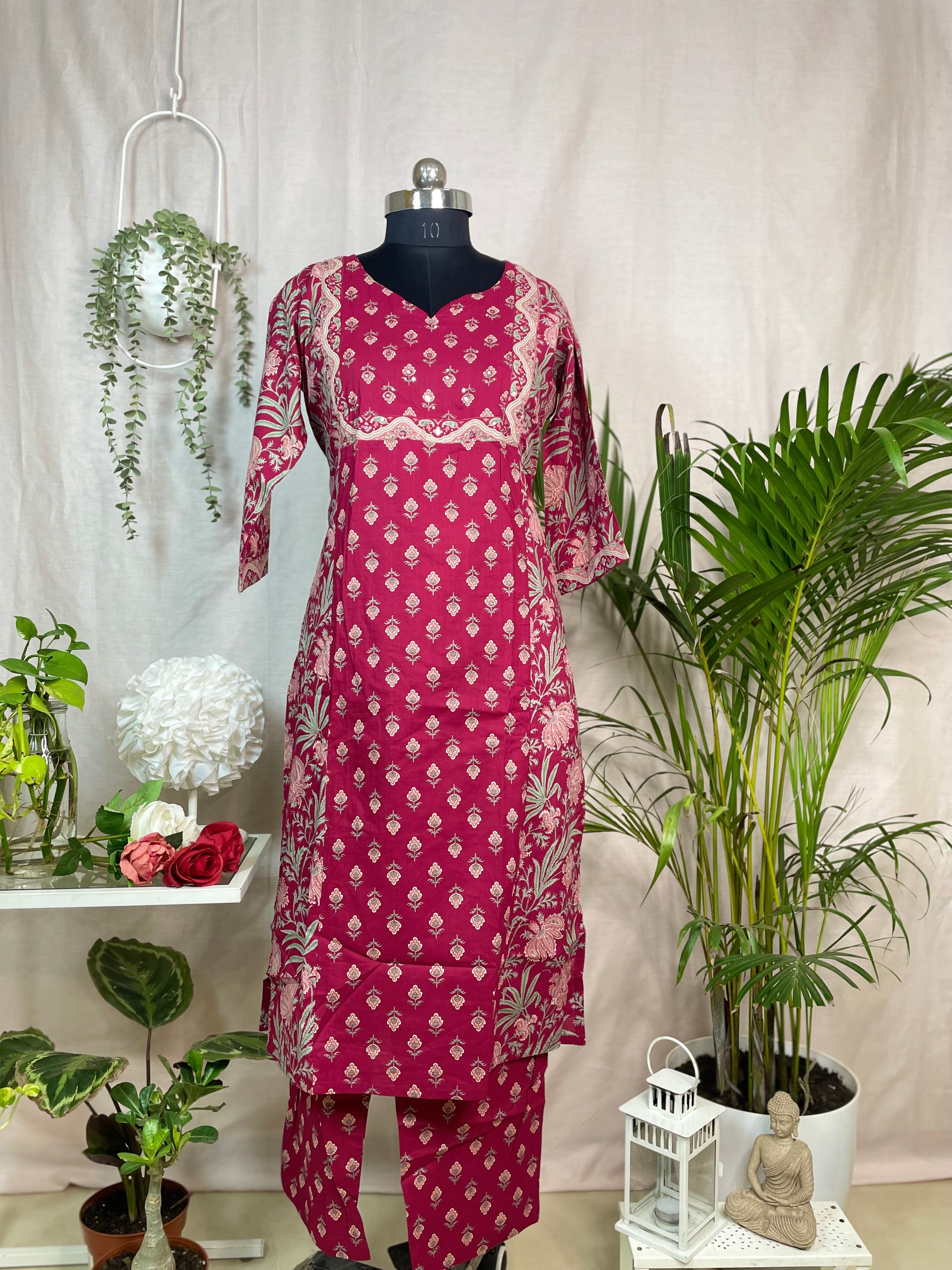 Kashvi Maroon Floral Cotton 3 Pcs Suit Set