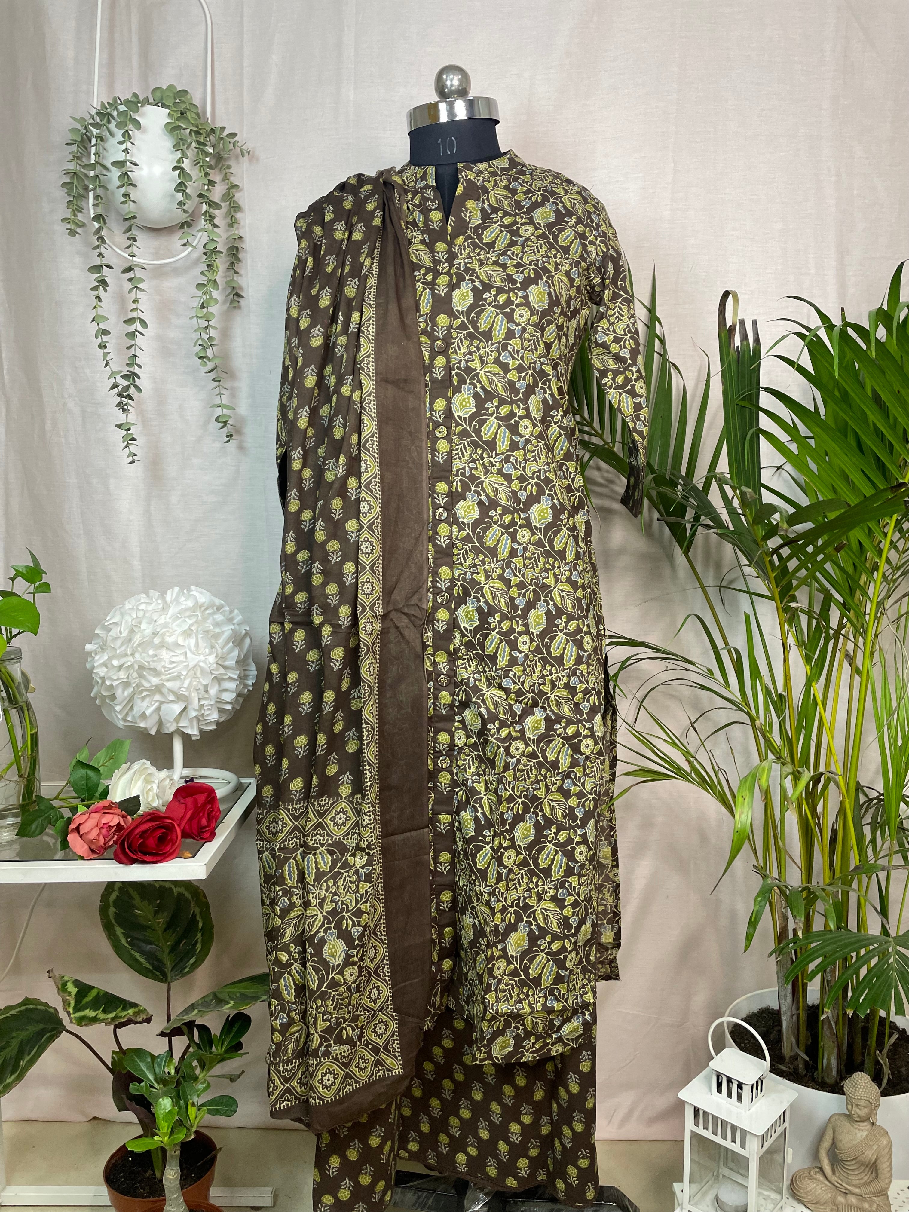Niyati Olive Brown Cotton 3 Pcs Suit Set