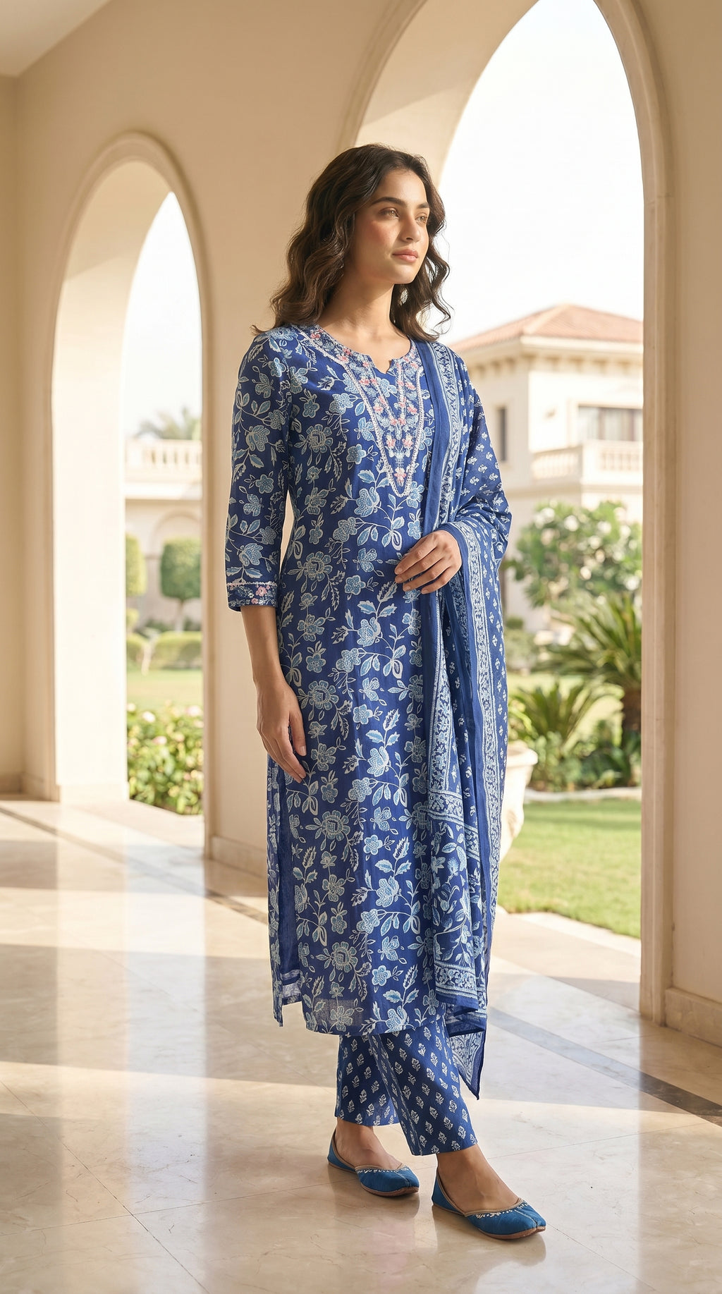 Aashi Navy Floral Cotton 3 Pcs Suit Set