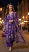Jheel Purple Circle Cotton 3 Pcs Suit Set