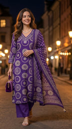 Jheel Purple Circle Cotton 3 Pcs Suit Set