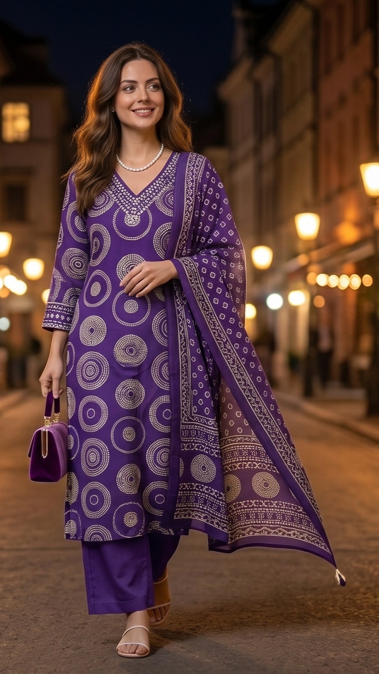 Jheel Purple Circle Cotton 3 Pcs Suit Set
