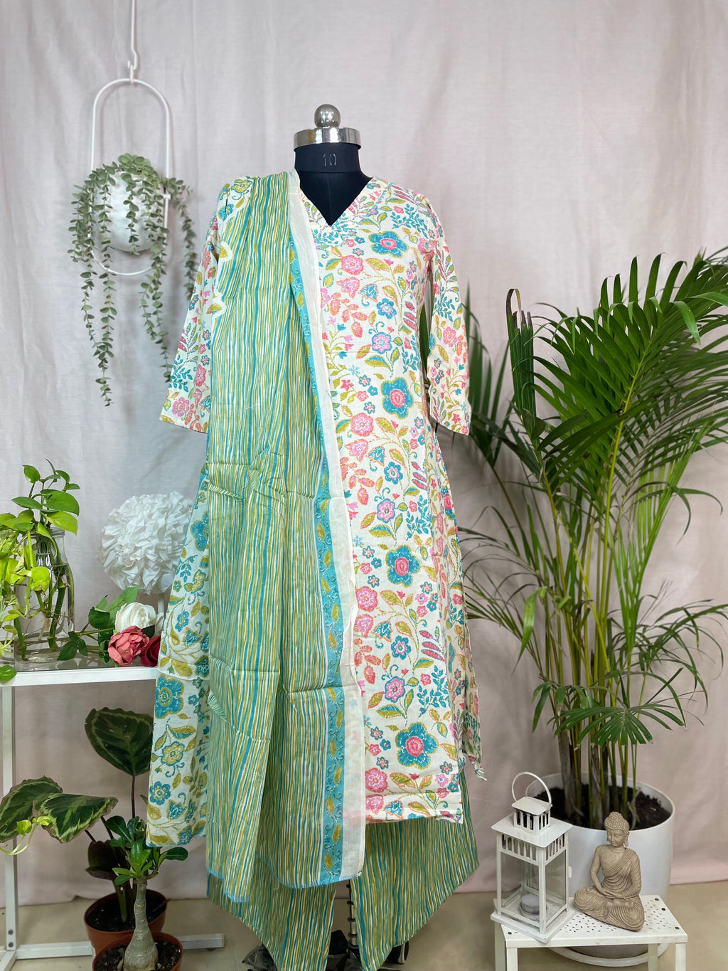 Ishvi Ivory Aqua Cotton 3 Pcs Suit Set