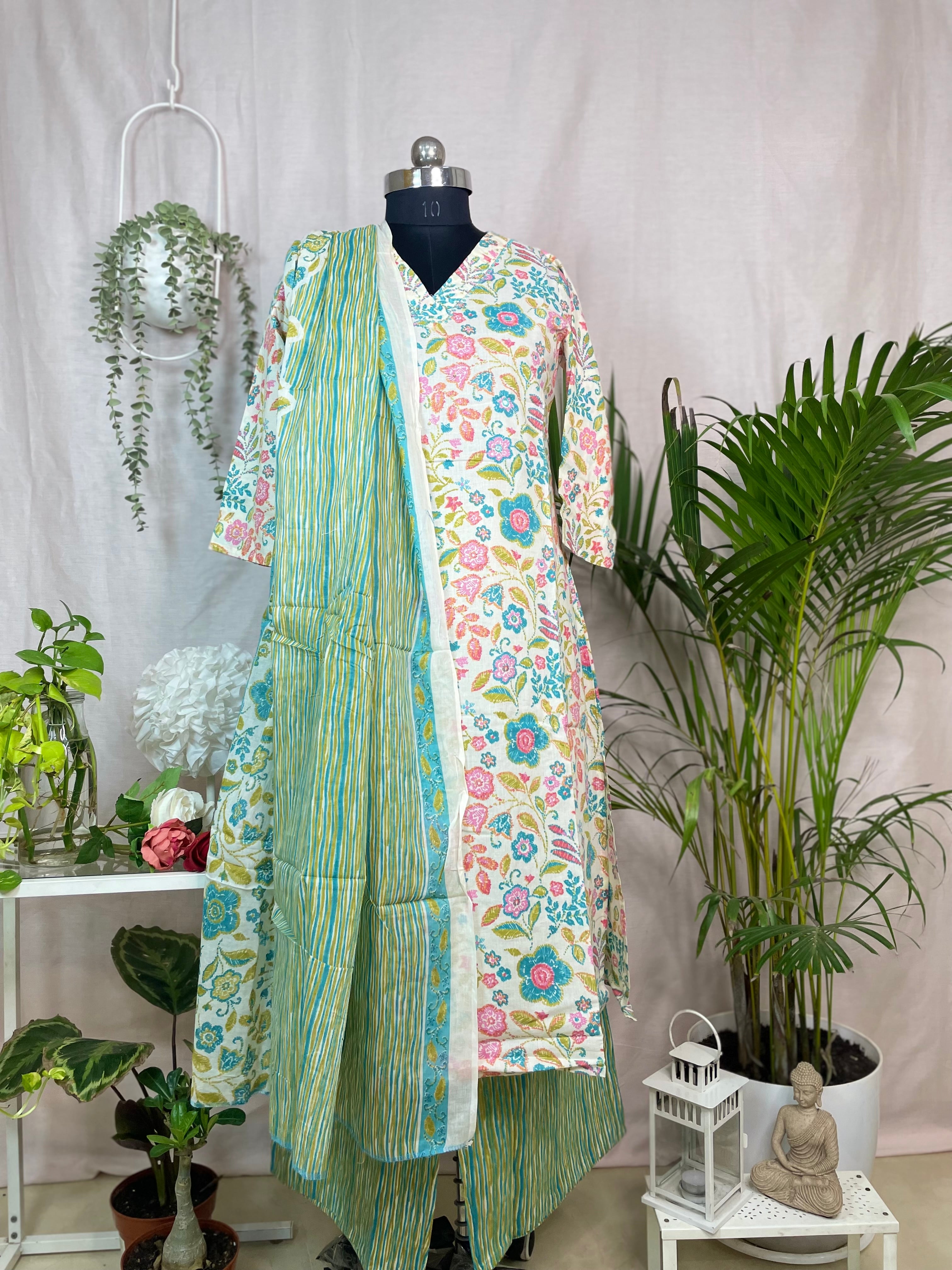 Ishvi Ivory Aqua Cotton 3 Pcs Suit Set