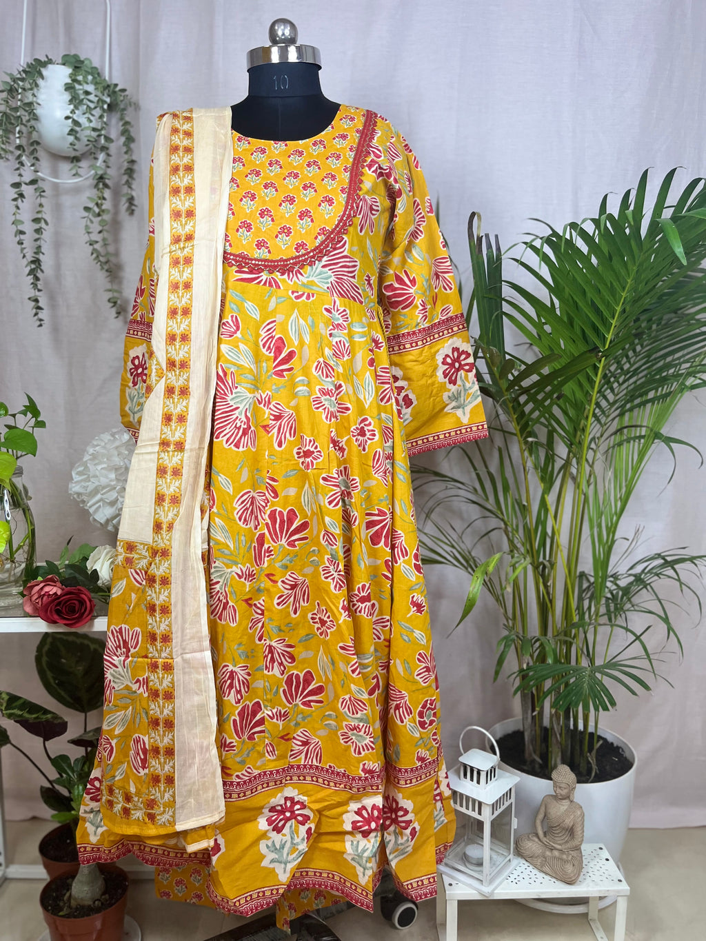 Mustard Bloom Cotton Anarkali 3 Piece Suit Dress