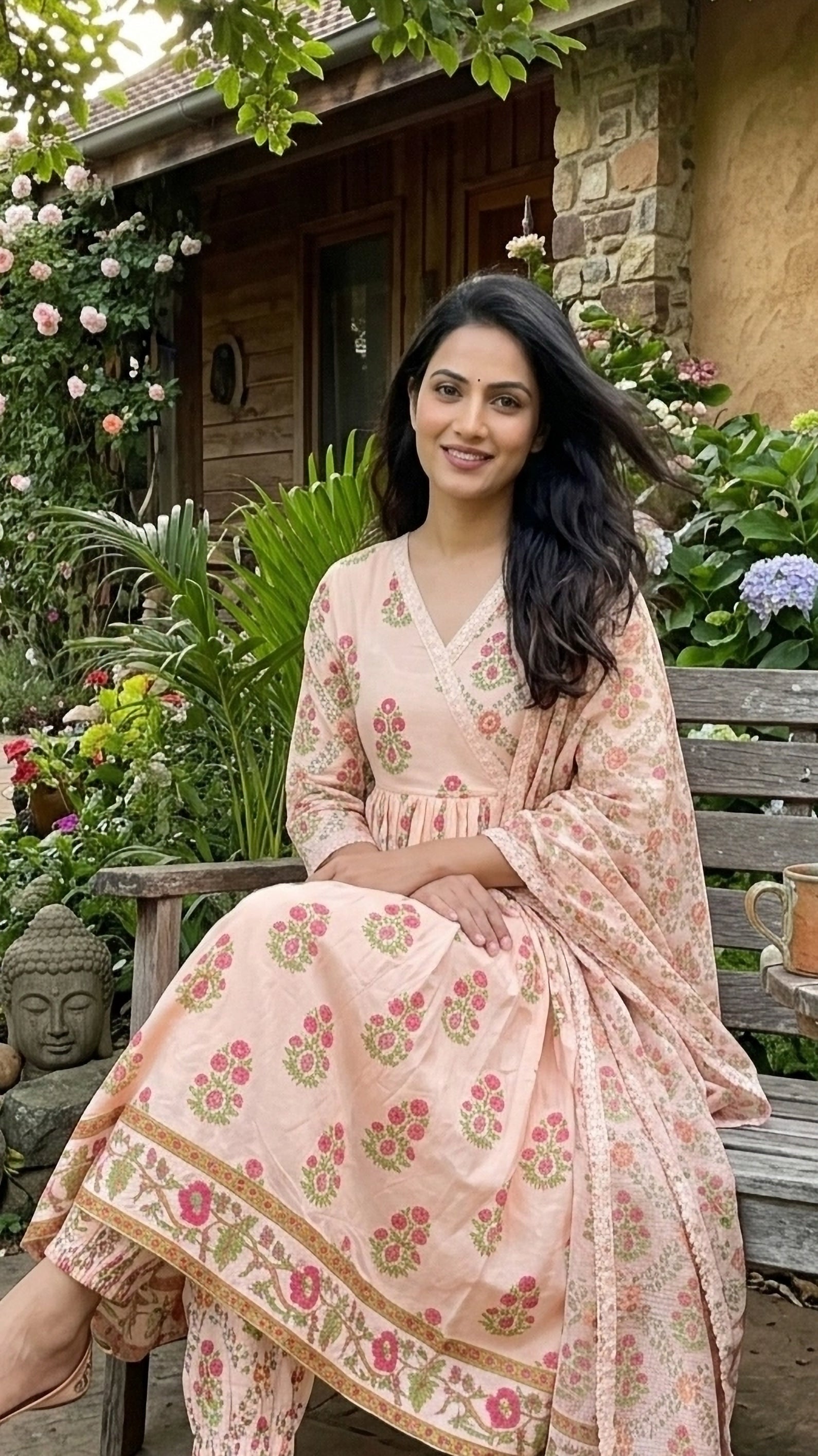 Mahi Peach Bloom Anarkali 3 Pcs Suit Set