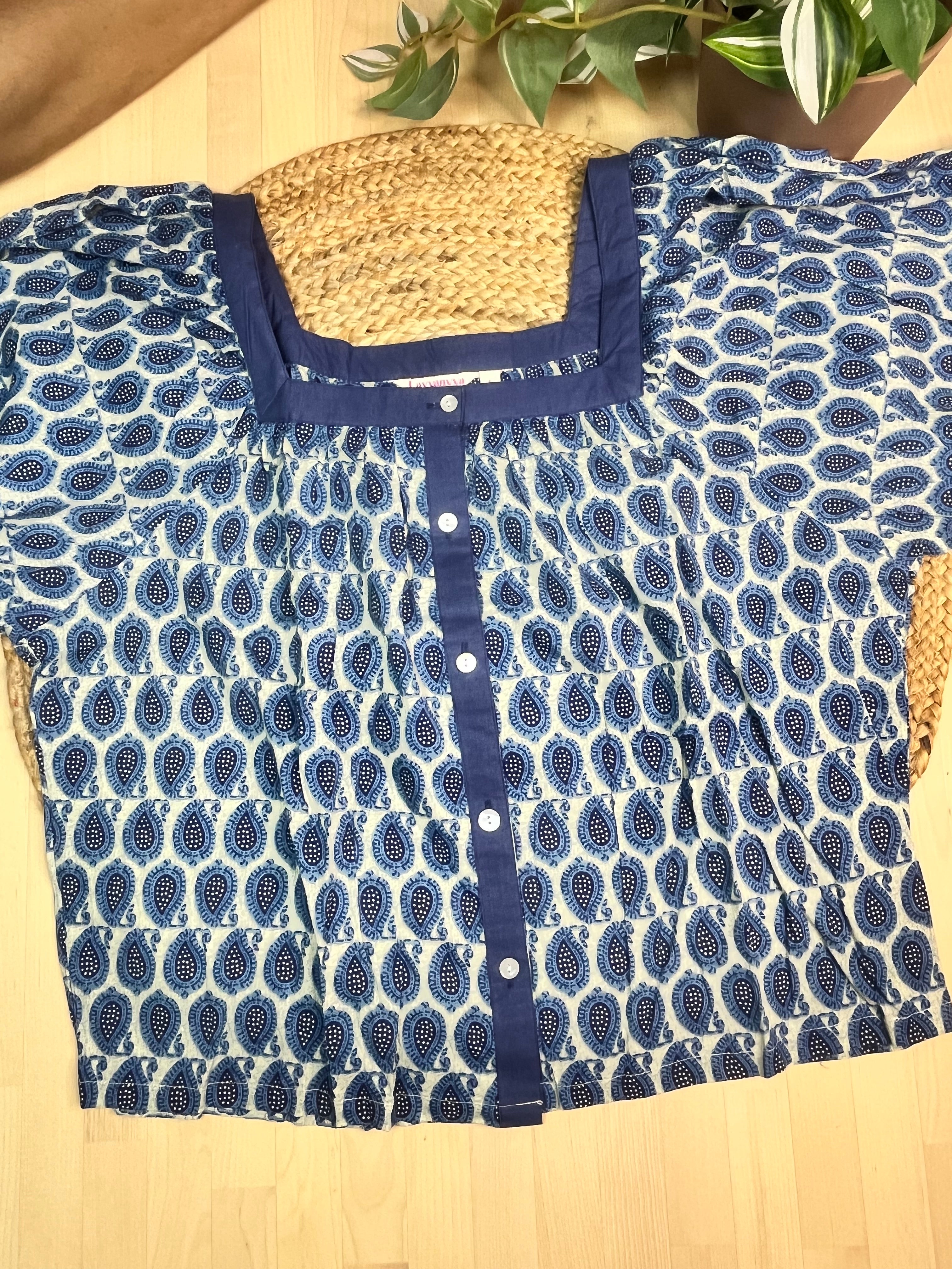 Blue Paisley Button Short top