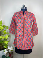 Coral Morpankh Hand Block Cotton Short Kurti