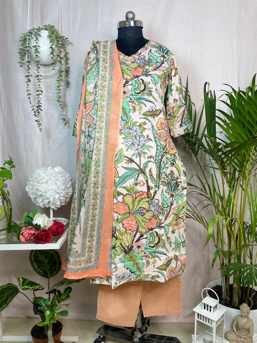 Maitri Peach Garden Cotton 3 Pcs Suit Set