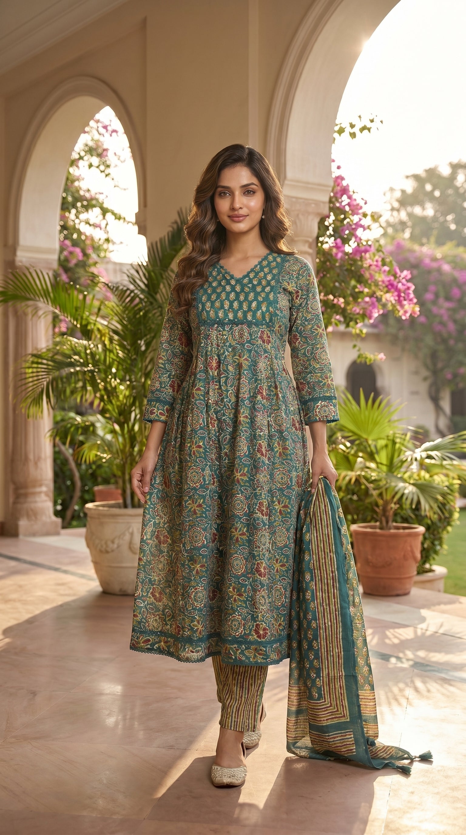 Navya Teal Green Cotton 3 Pcs Suit Set