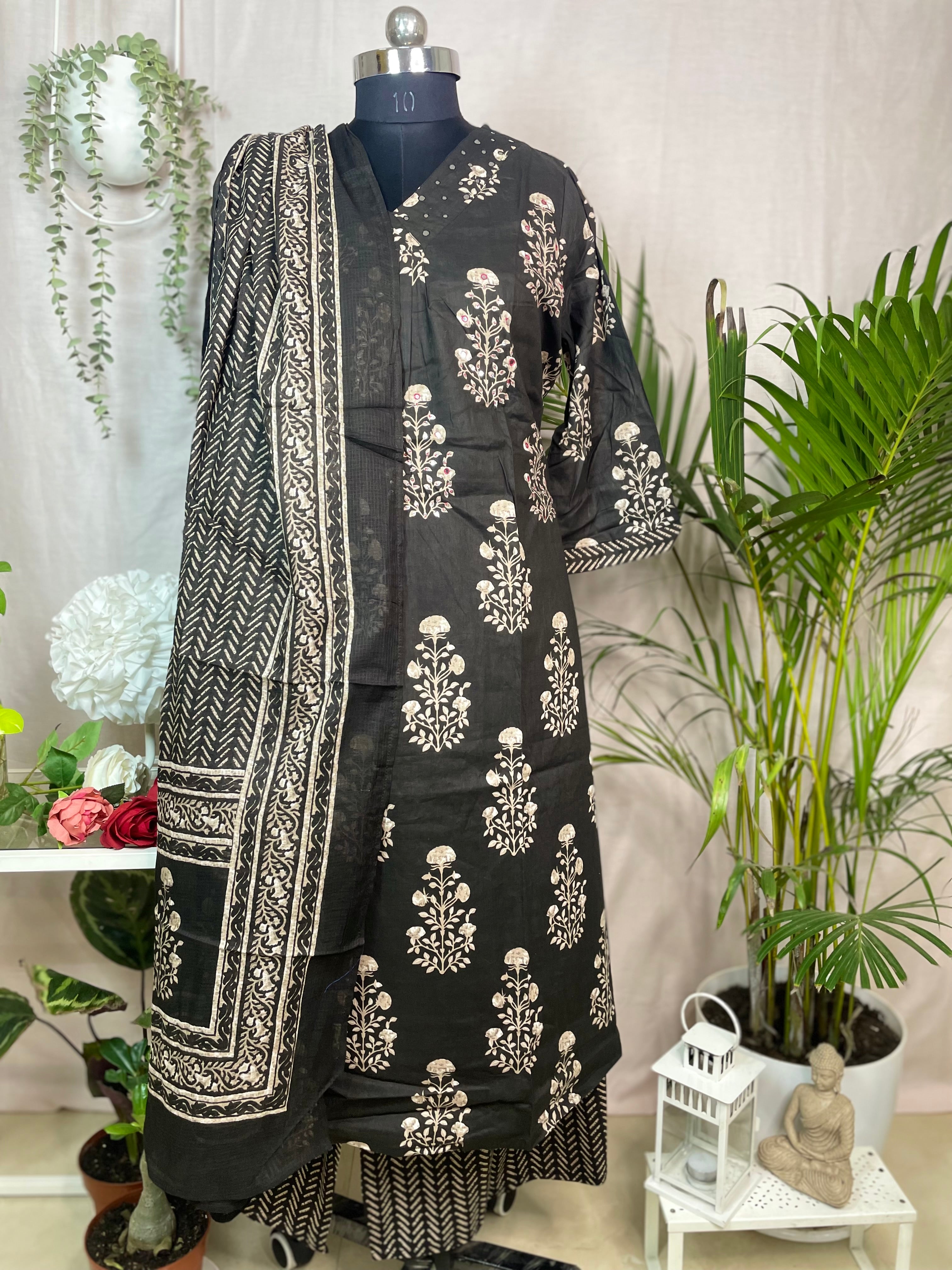 Hetvi Charcoal Bloom Cotton 3 Pcs Suit Set