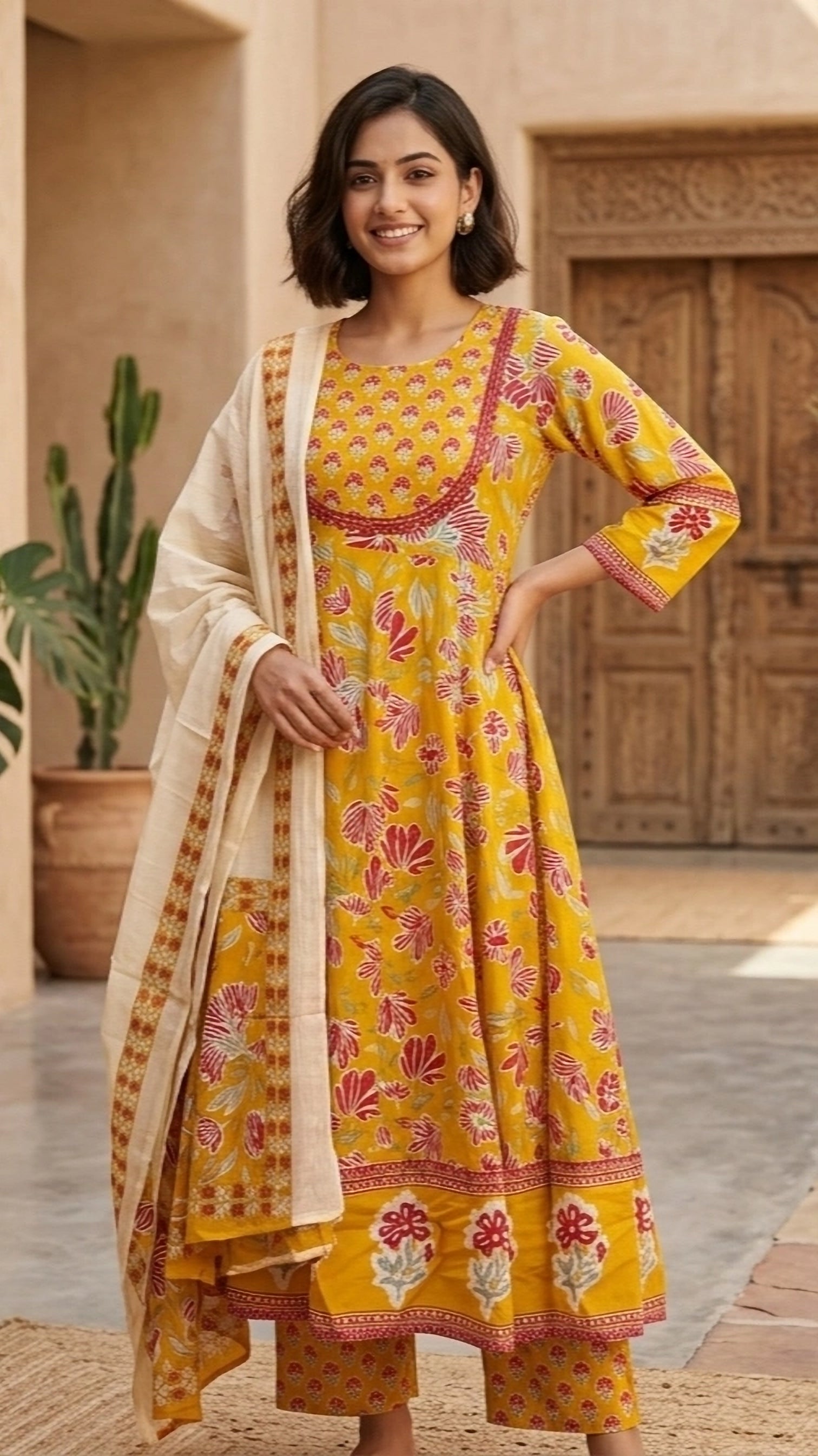 Mustard Bloom Cotton Anarkali 3 Piece Suit Dress
