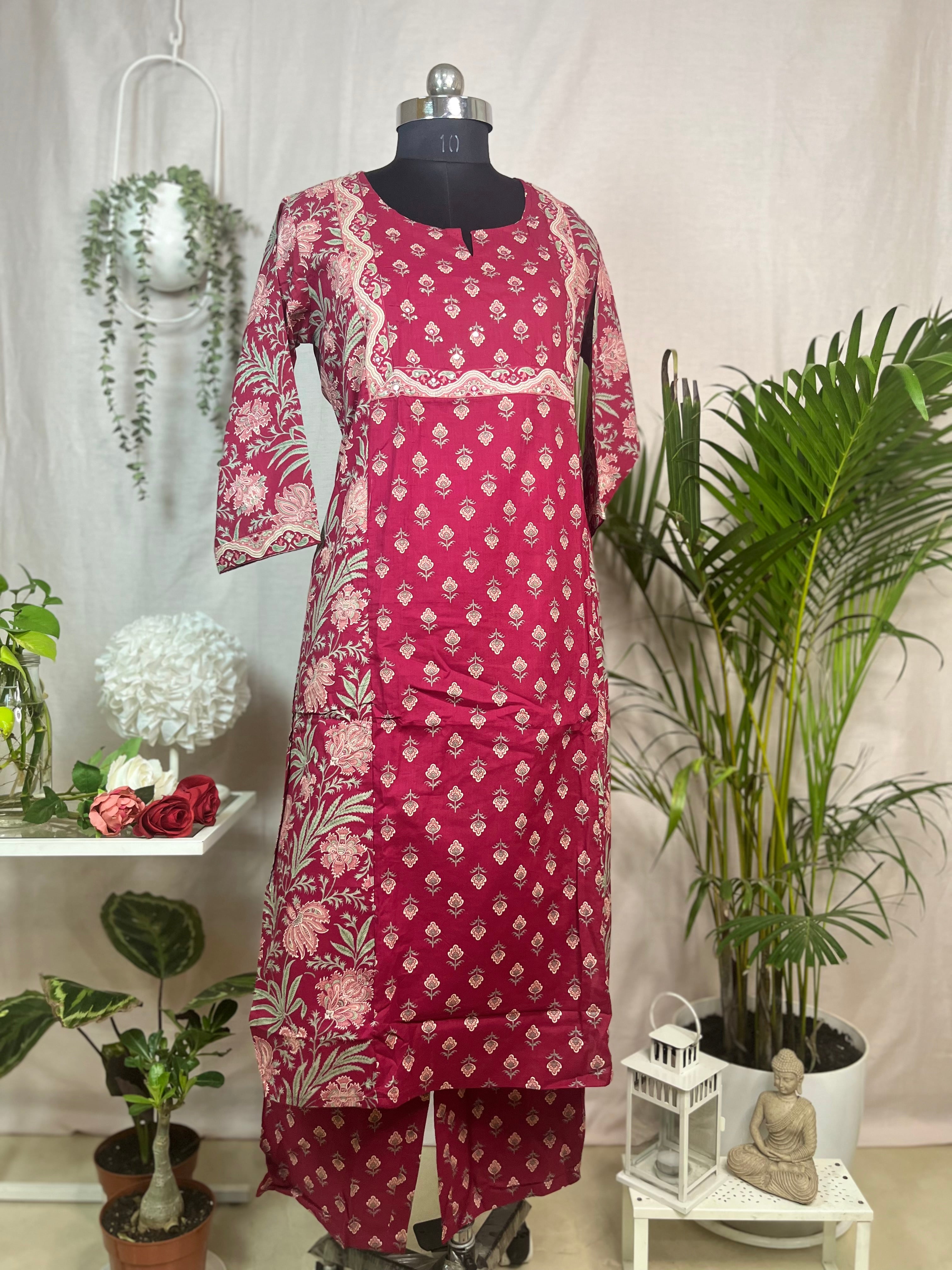Charvi Maroon Bloom Cotton 3 Pcs Suit Set