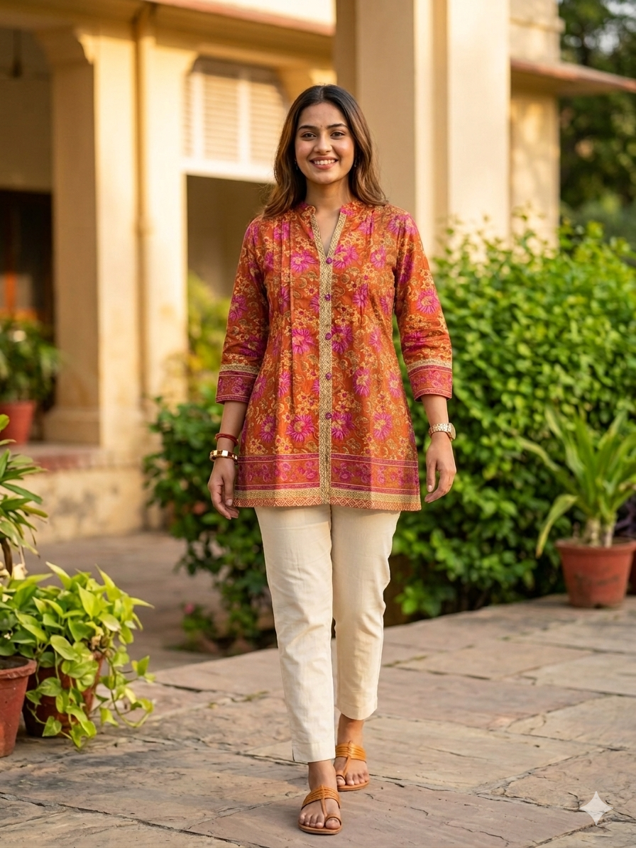 Rust Gulmohar Hand Block Cotton Short Kurti