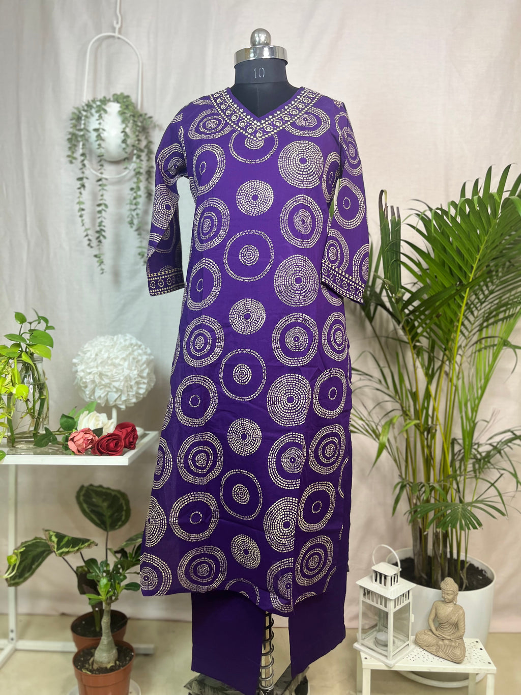 Jheel Purple Circle Cotton 3 Pcs Suit Set