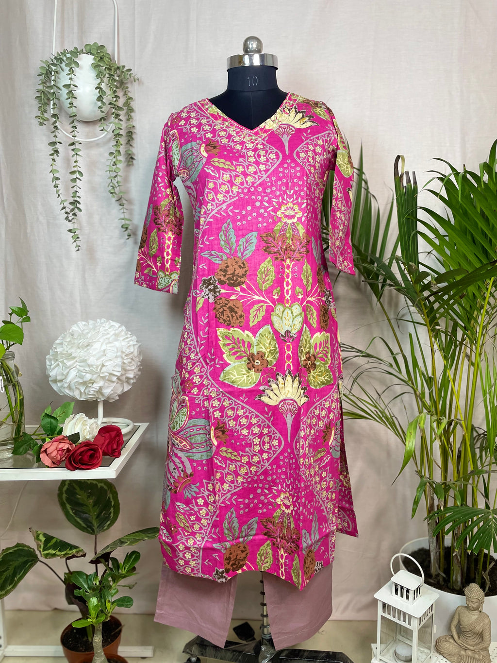 Aarohi Pink Garden Cotton 3 Pcs Suit Set