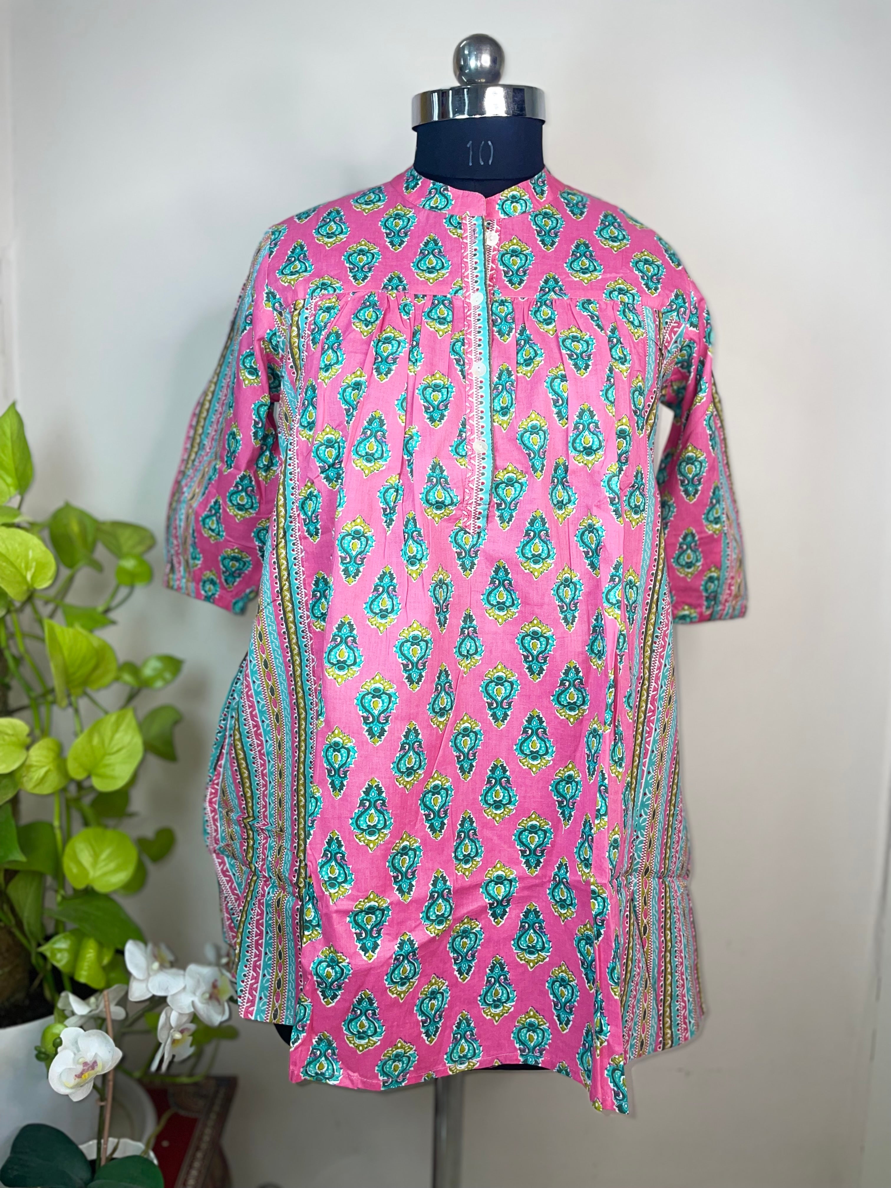 Pink Teal Paisley Short Kurti