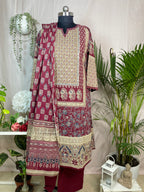 Nirali Maroon Beige 3 Pcs Cotton Suit Set