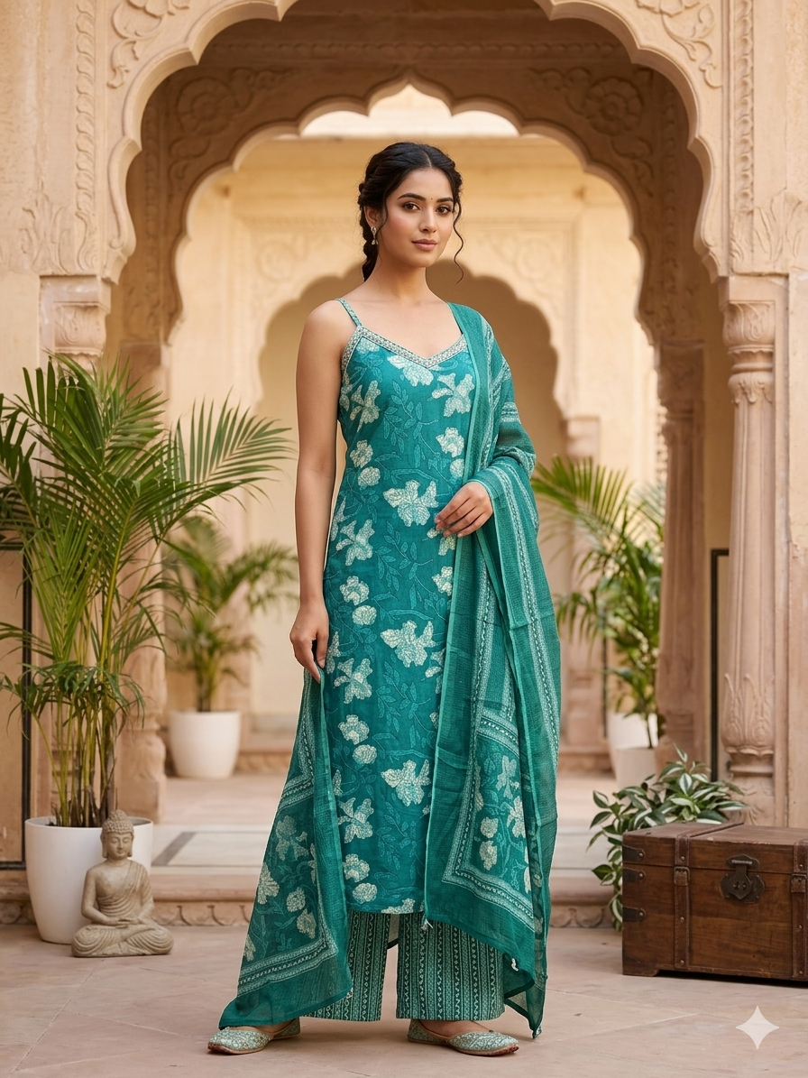 Tarvi Teal Floral 3-Piece Spaghetti Set